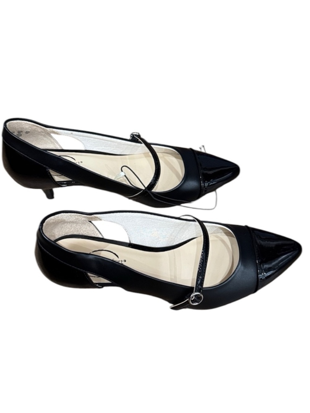 Simply Comfort Black Mary Jane Kitten Heels Pointed Toe Patent Cap Chic